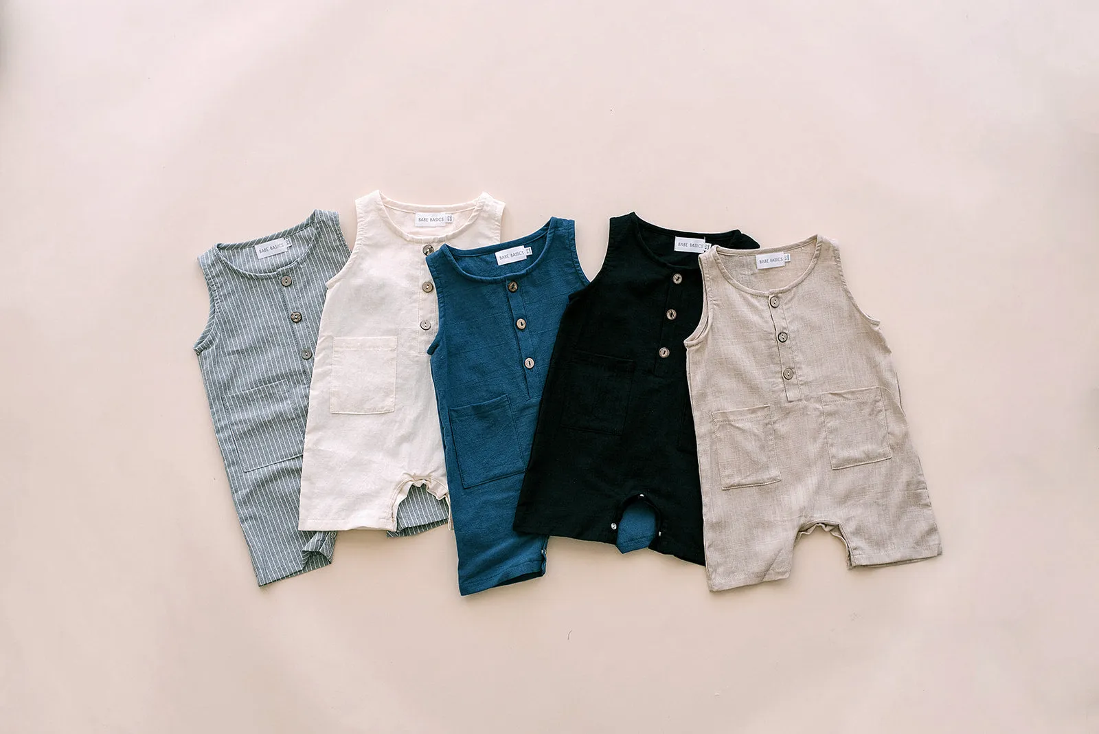 Oatmeal Cropped Linen Baby Romper by Babe Basics