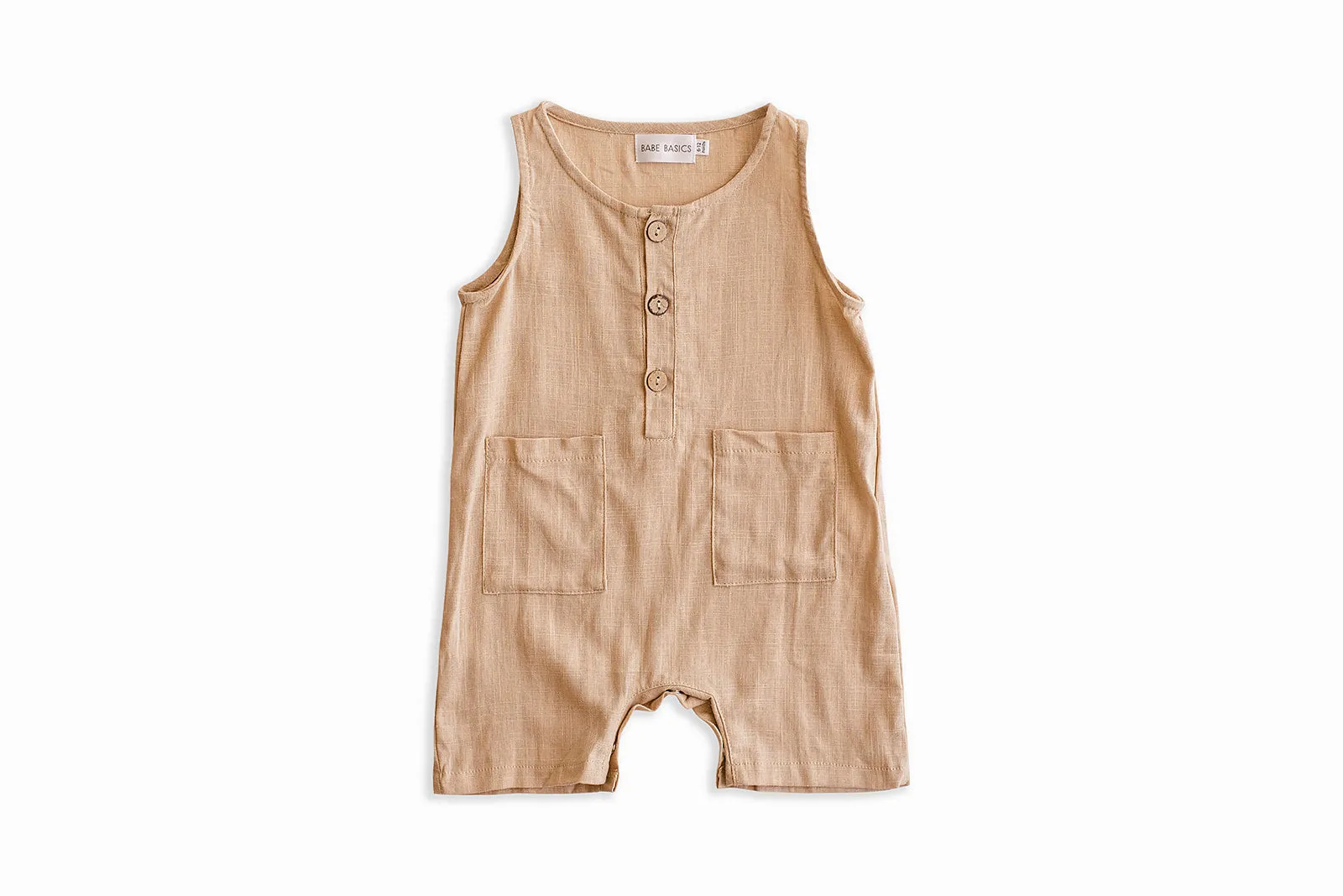 Oatmeal Cropped Linen Baby Romper by Babe Basics