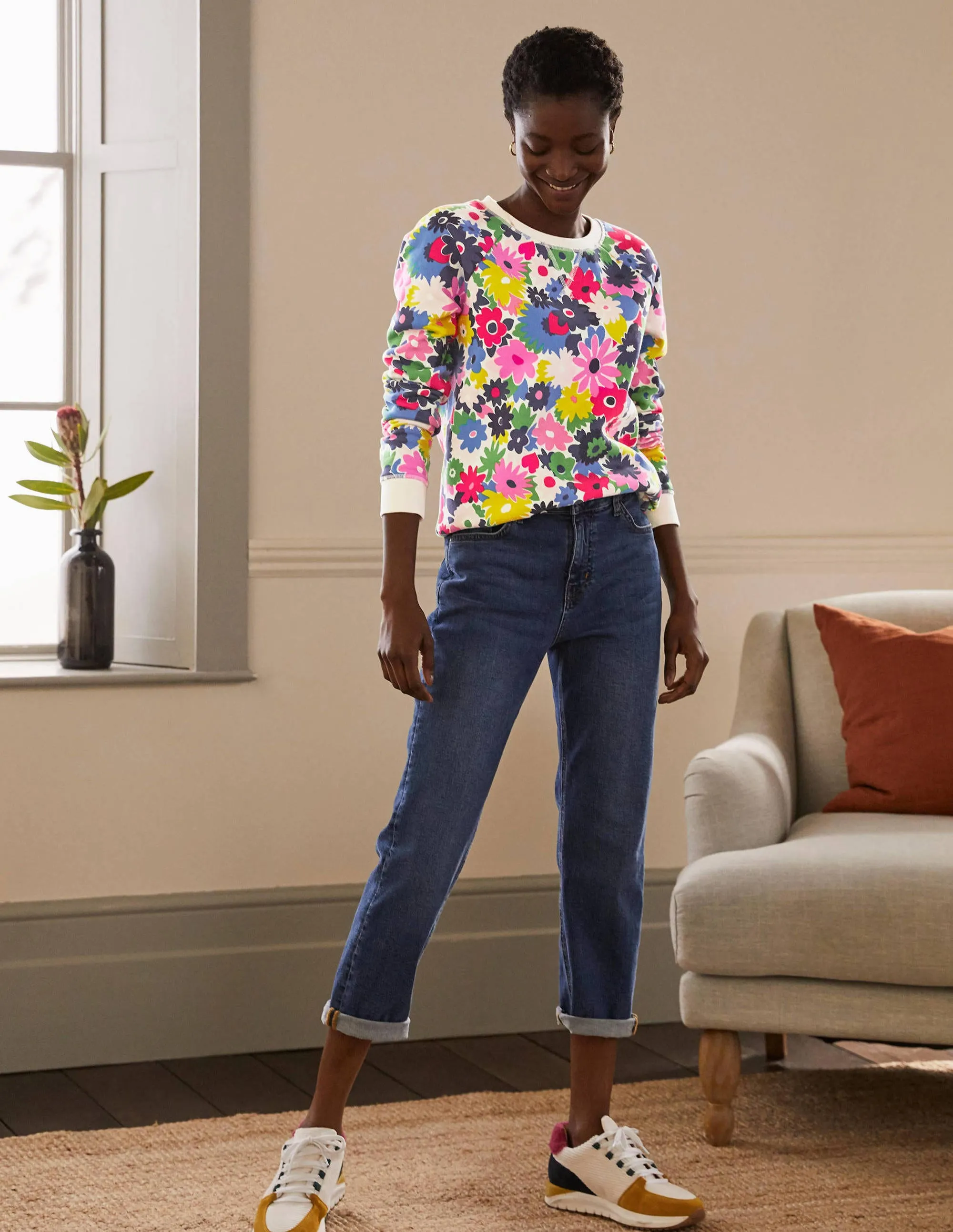 Printed Cotton Sweatshirt-Ivory, Paintbox Ditsy