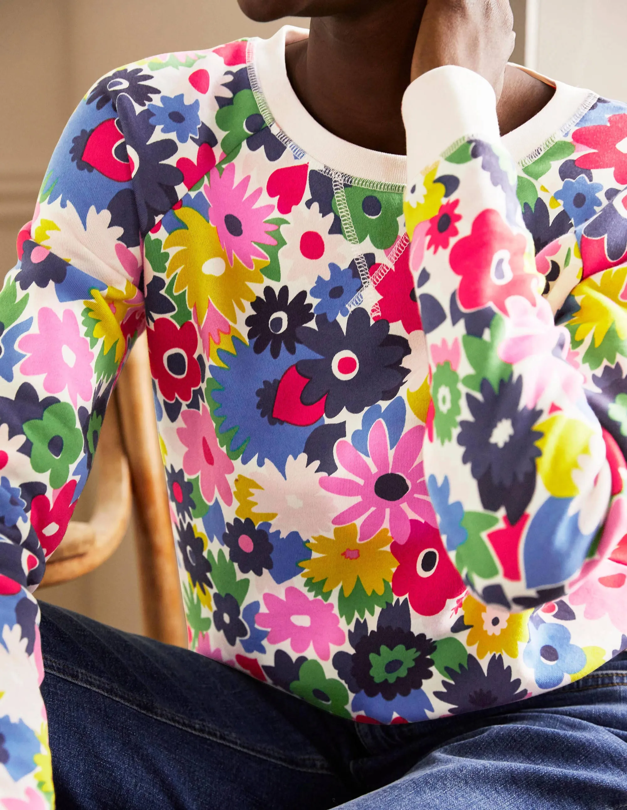 Printed Cotton Sweatshirt-Ivory, Paintbox Ditsy