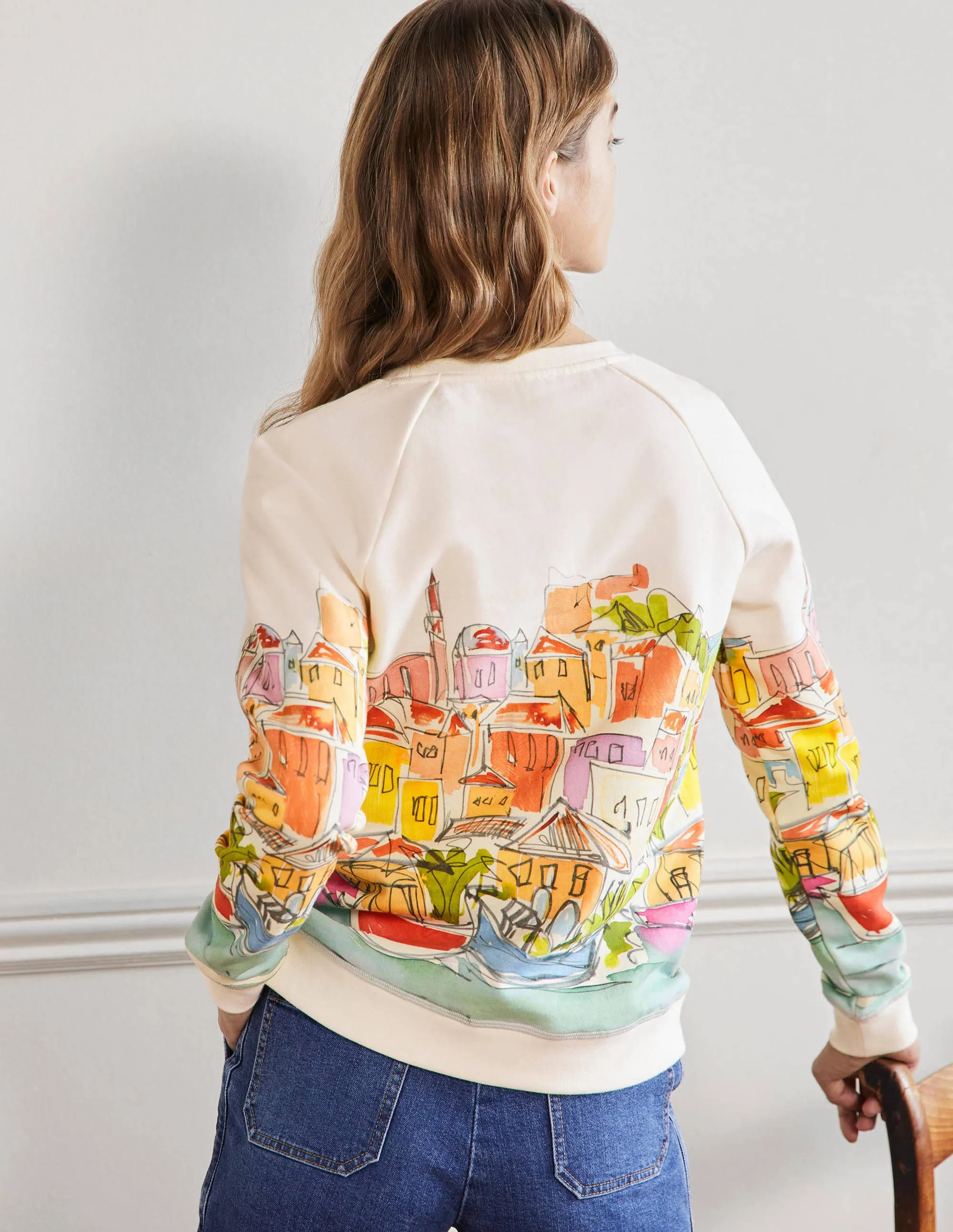 Printed Cotton Sweatshirt-Ivory, Rainbow Village
