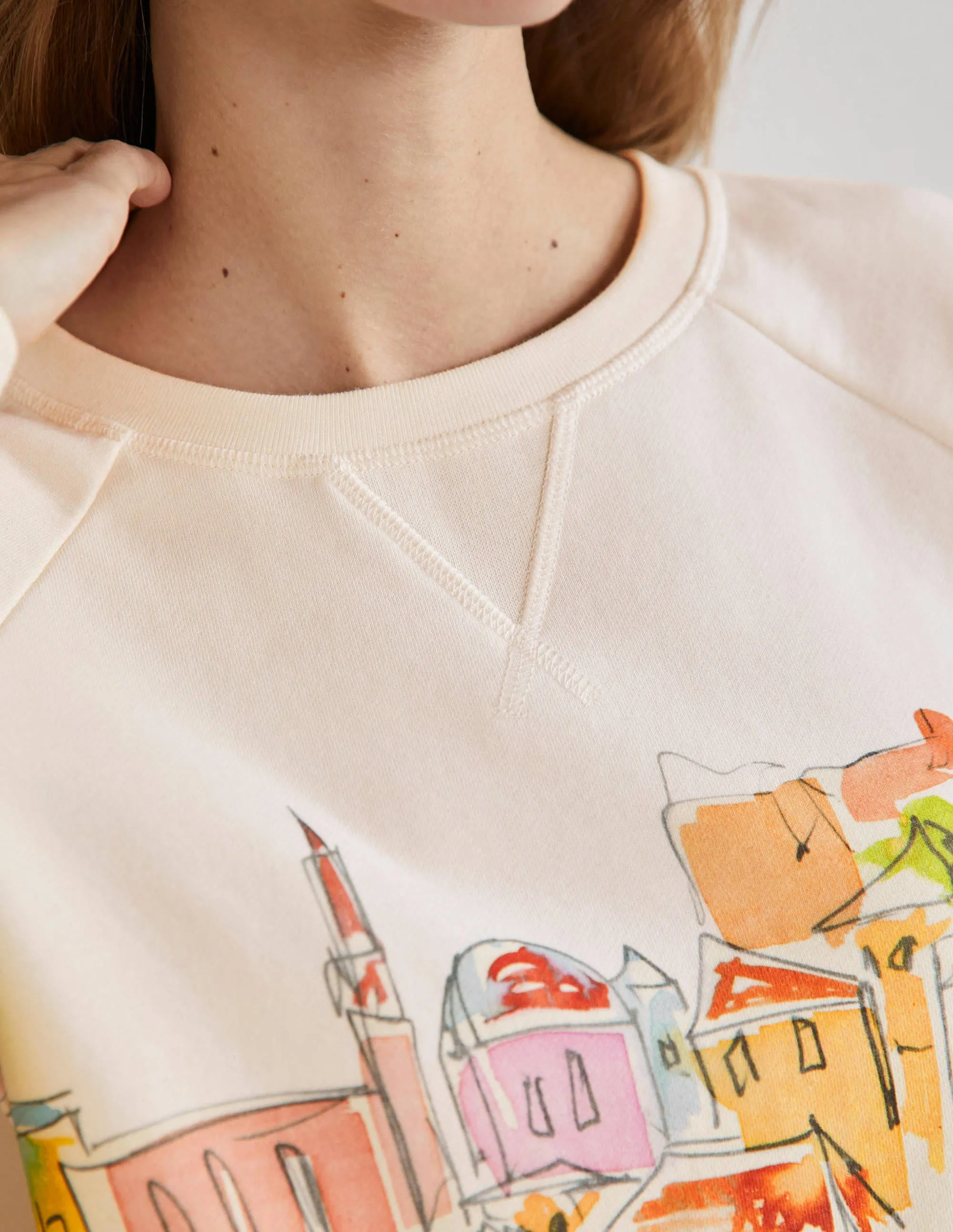Printed Cotton Sweatshirt-Ivory, Rainbow Village