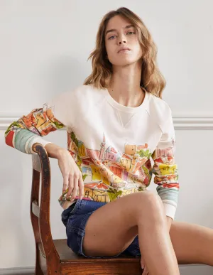 Printed Cotton Sweatshirt-Ivory, Rainbow Village