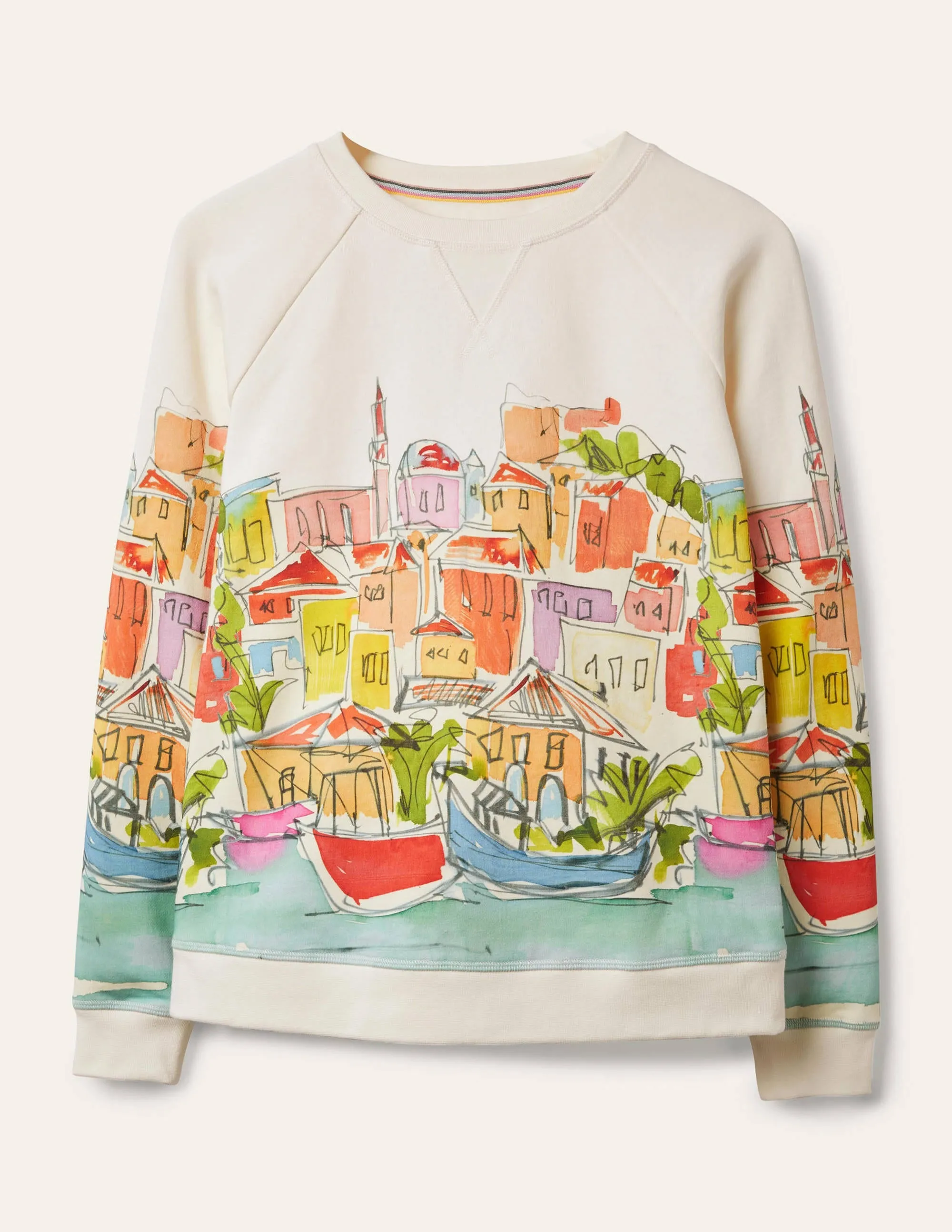Printed Cotton Sweatshirt-Ivory, Rainbow Village