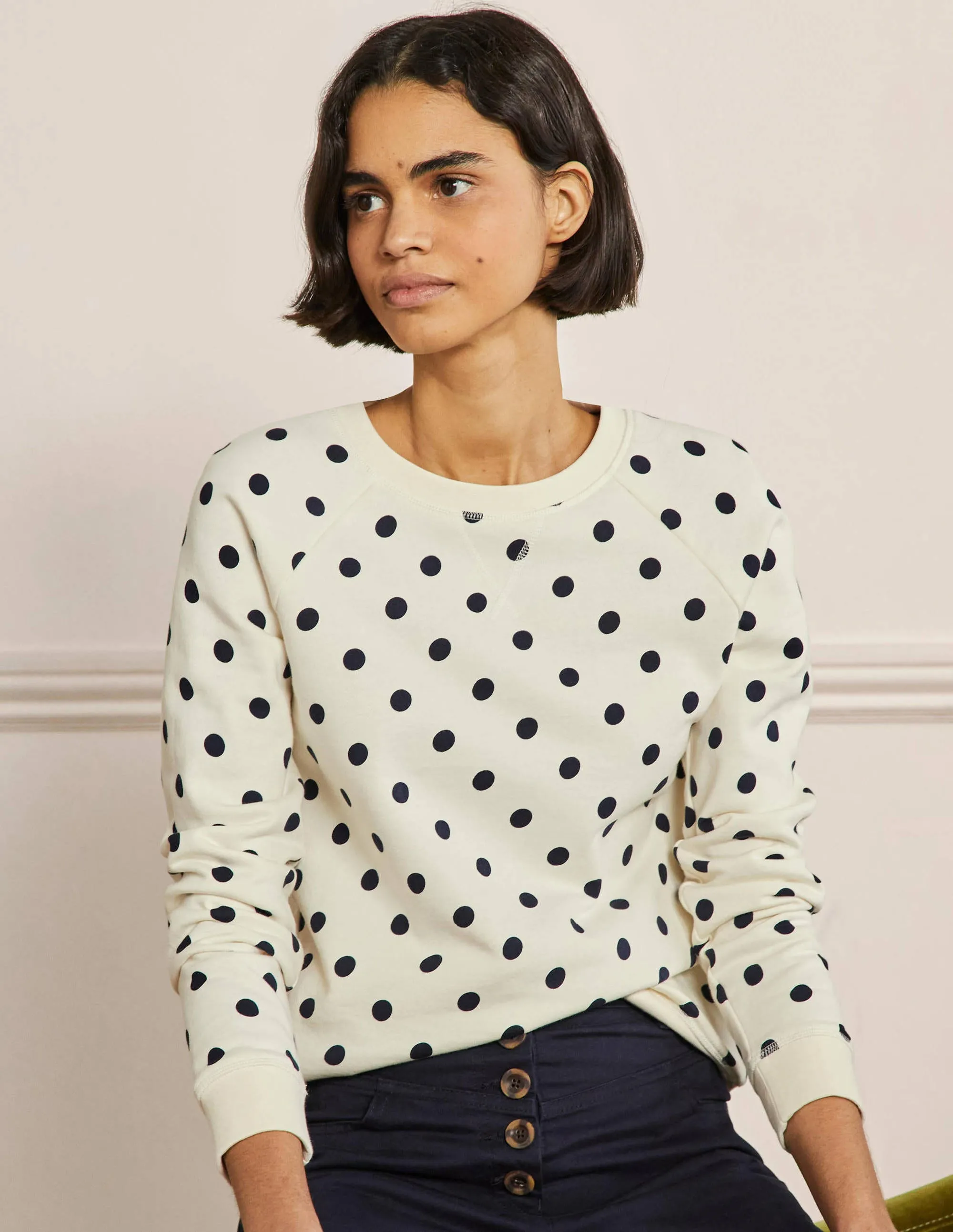 Printed Cotton Sweatshirt-Ivory, Regular Dot