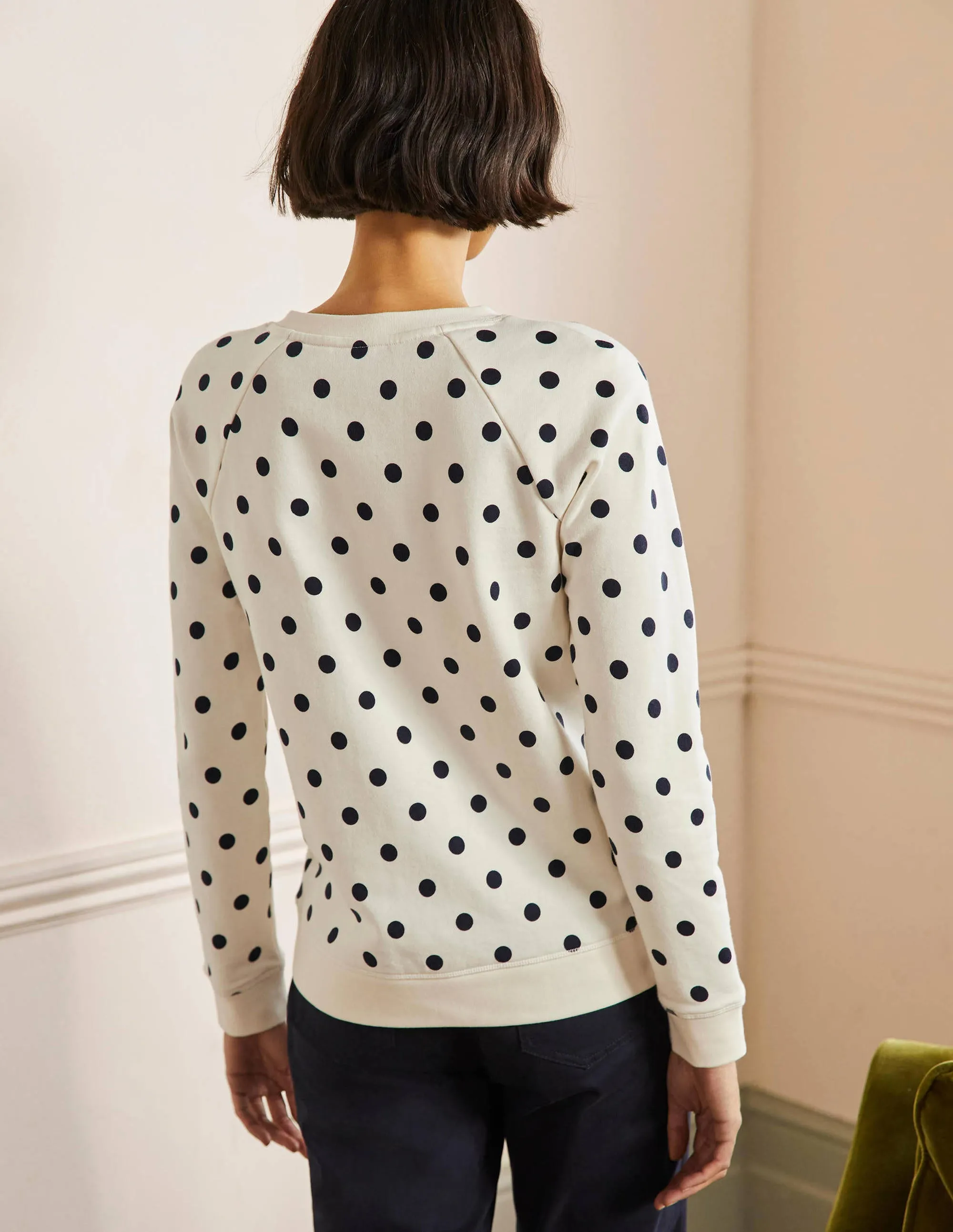Printed Cotton Sweatshirt-Ivory, Regular Dot