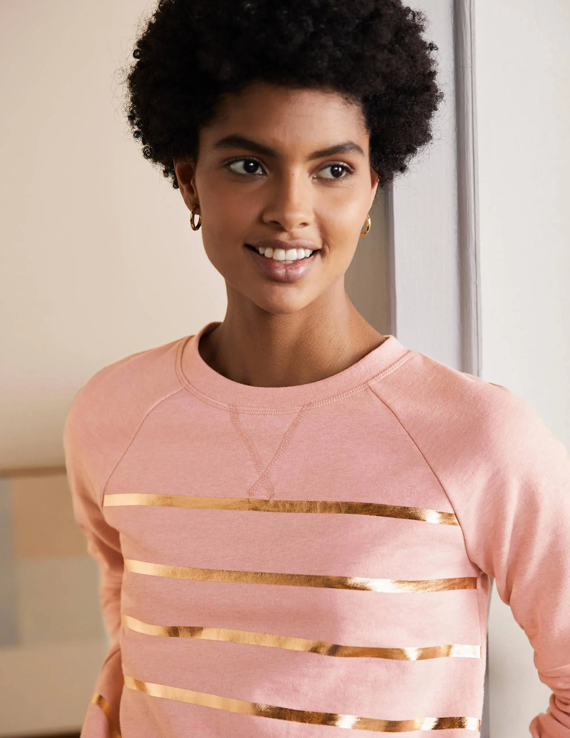 Printed Cotton Sweatshirt-Pink Marl, Gold Foil Stripe