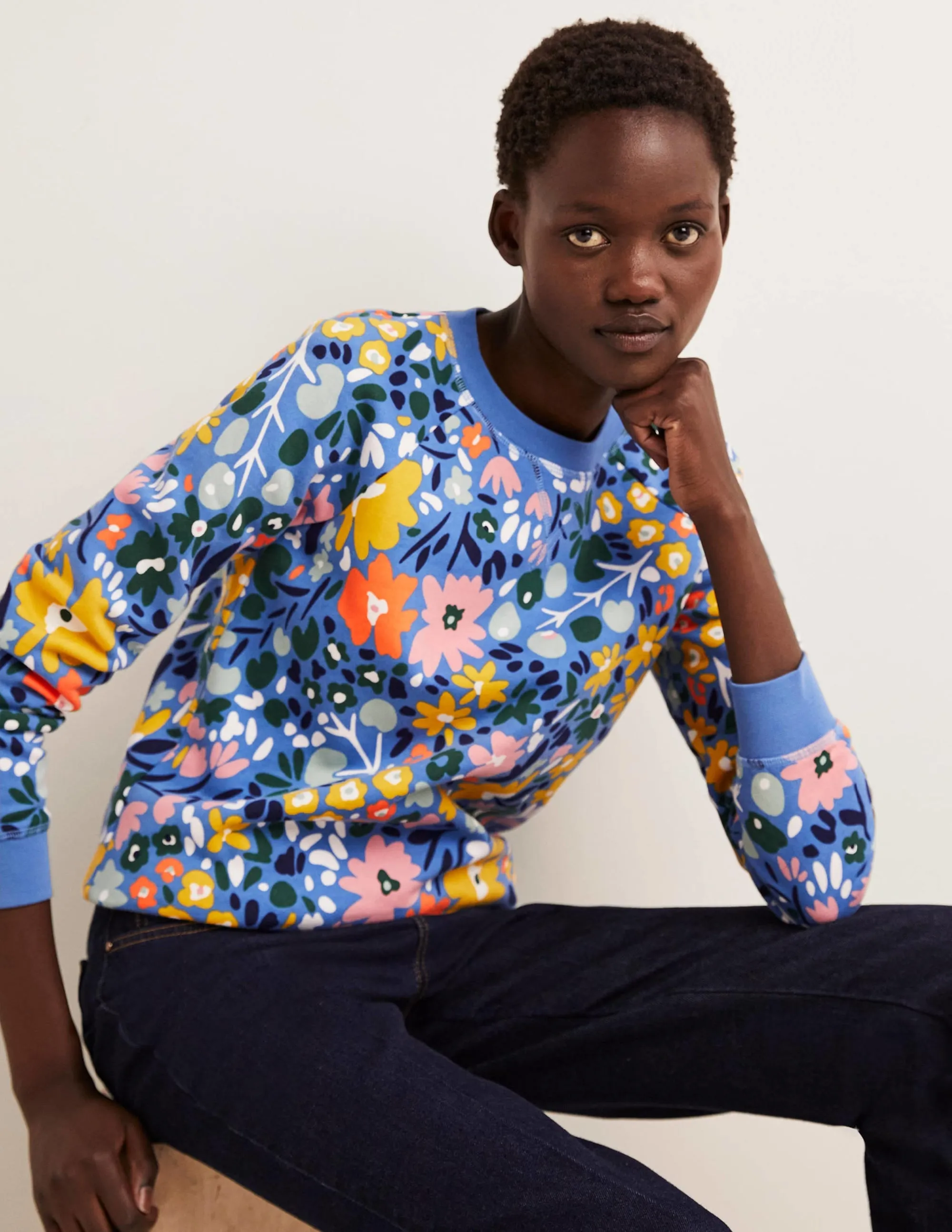 Printed Cotton Sweatshirt-Riviera Blue, Abstract Ditsy