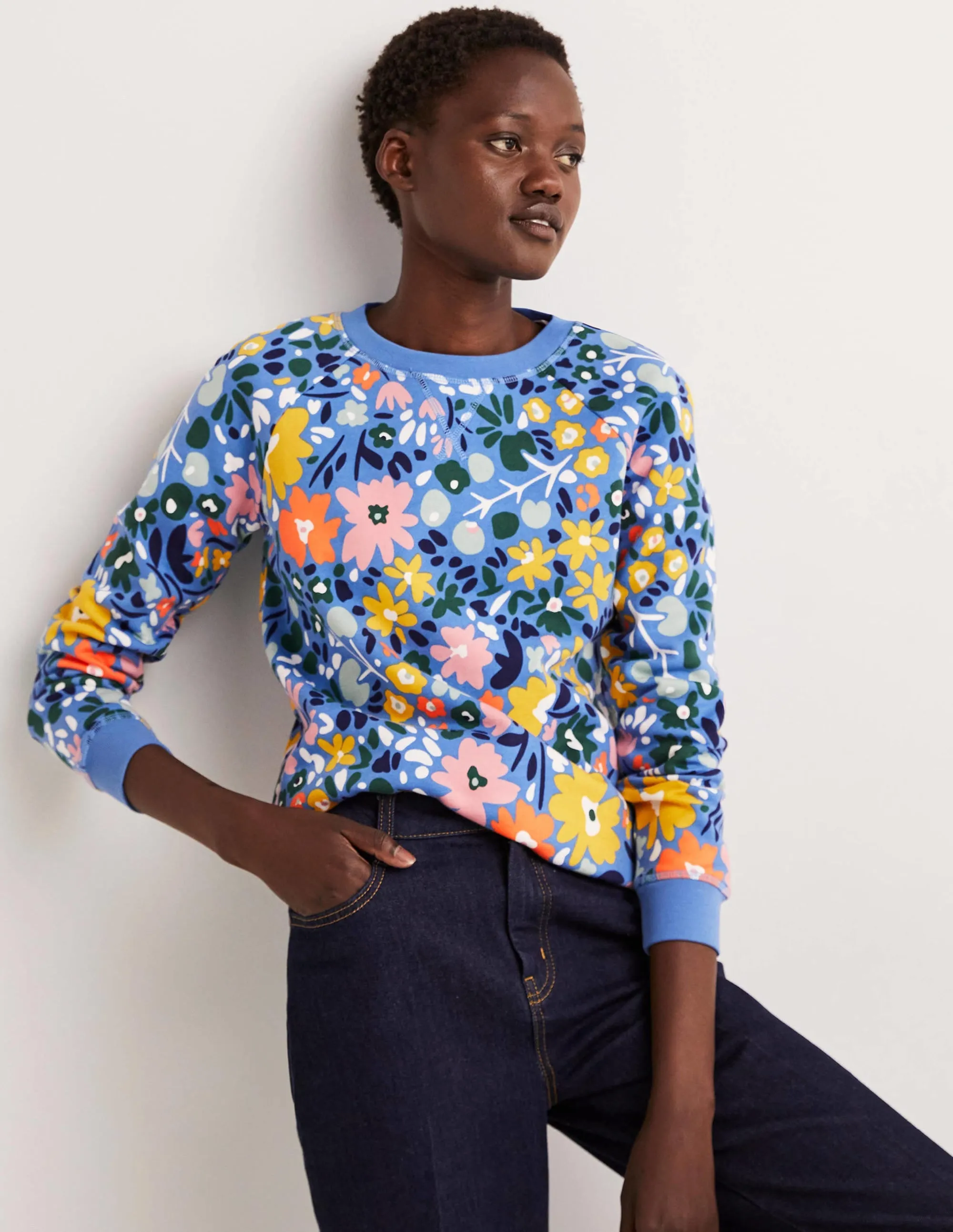 Printed Cotton Sweatshirt-Riviera Blue, Abstract Ditsy