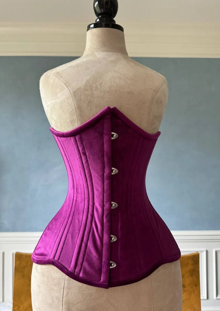 Real double row steel boned underbust bright violet velvet corset of short design with wide hips