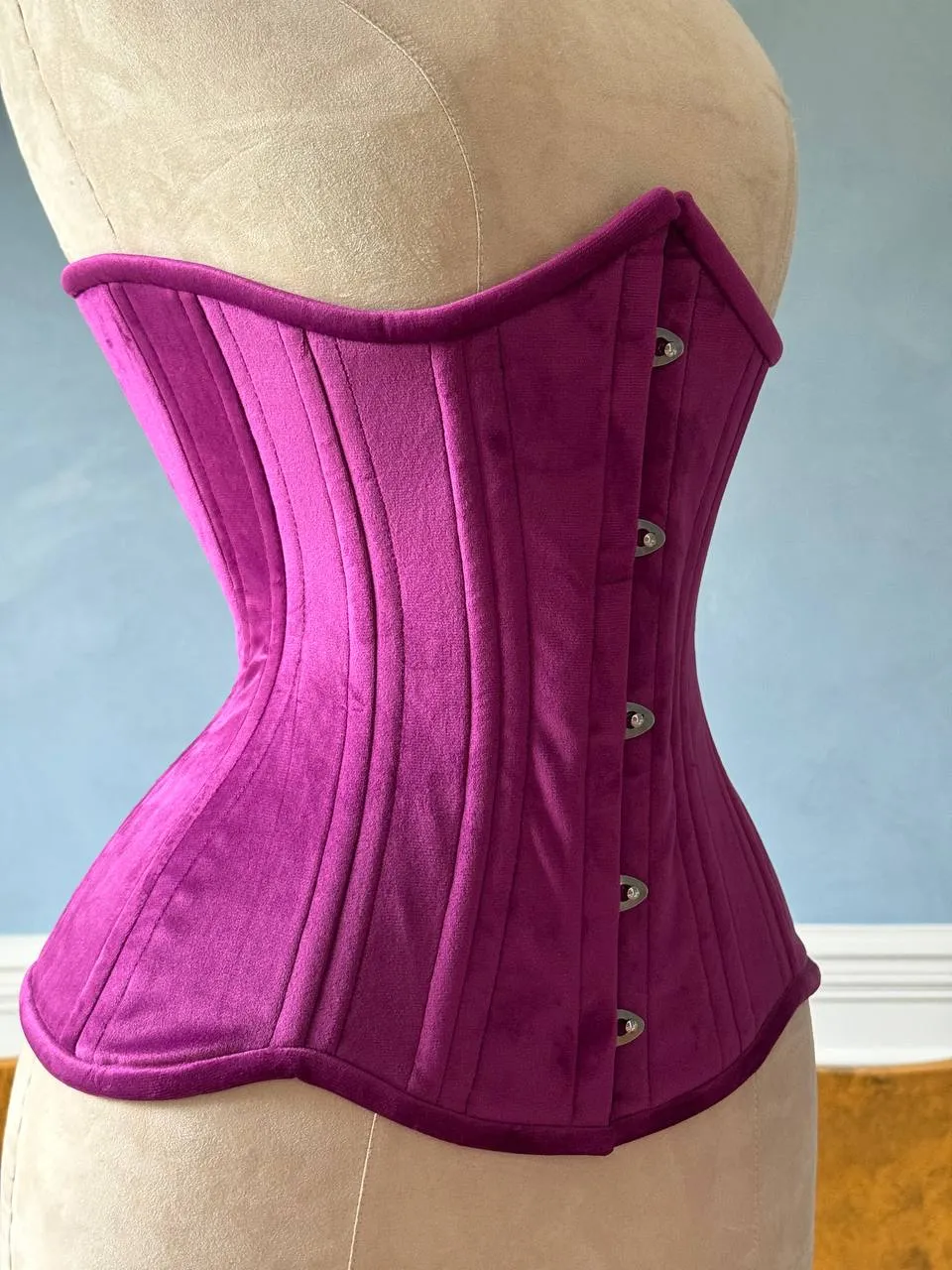 Real double row steel boned underbust bright violet velvet corset of short design with wide hips