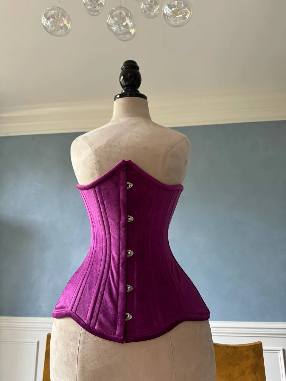 Real double row steel boned underbust bright violet velvet corset of short design with wide hips