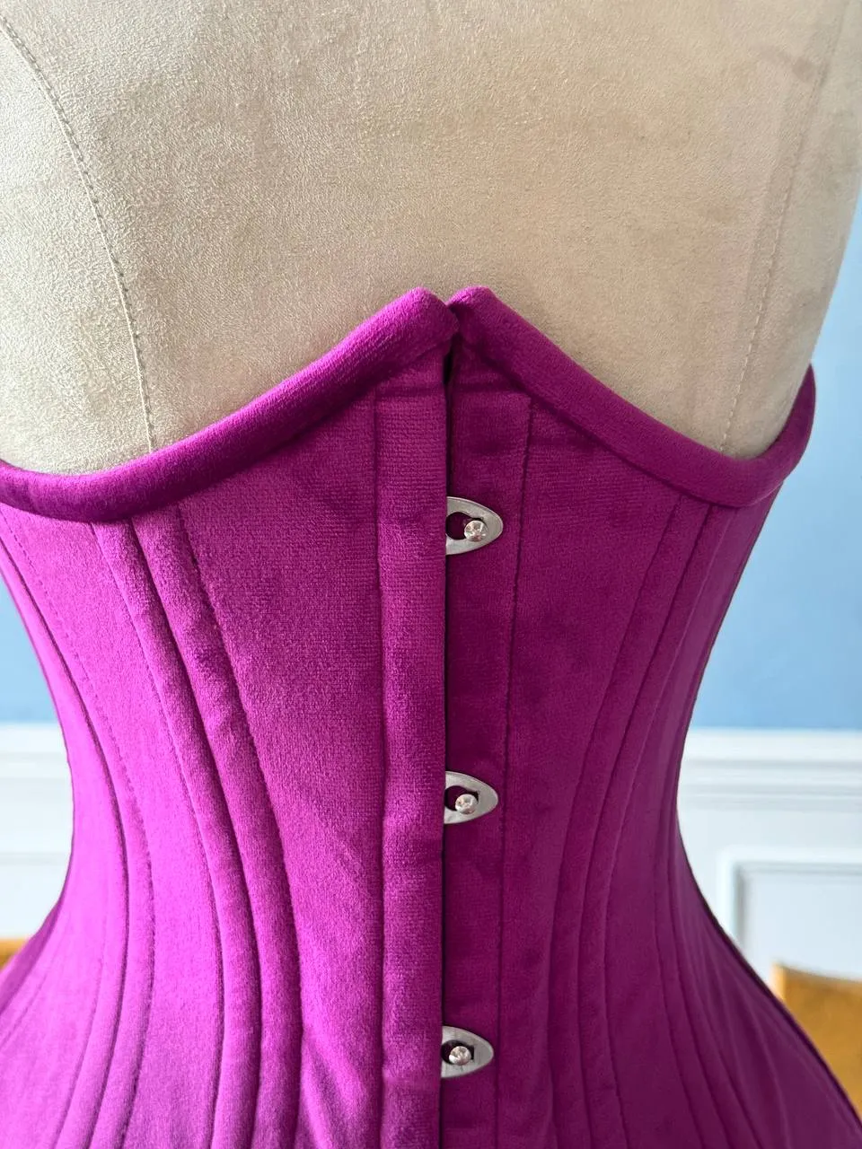 Real double row steel boned underbust bright violet velvet corset of short design with wide hips