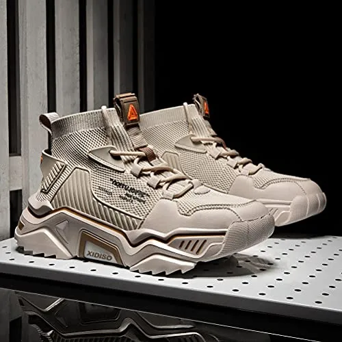 SANNAX Mens Fashion Sneakers High Top Casual Shoes Beige