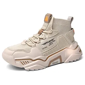 SANNAX Mens Fashion Sneakers High Top Casual Shoes Beige
