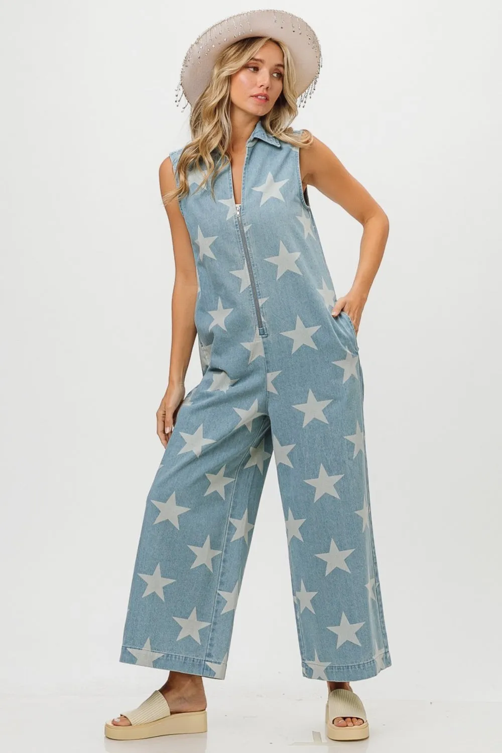 Star Gazer Sleeveless Denim Jumpsuit