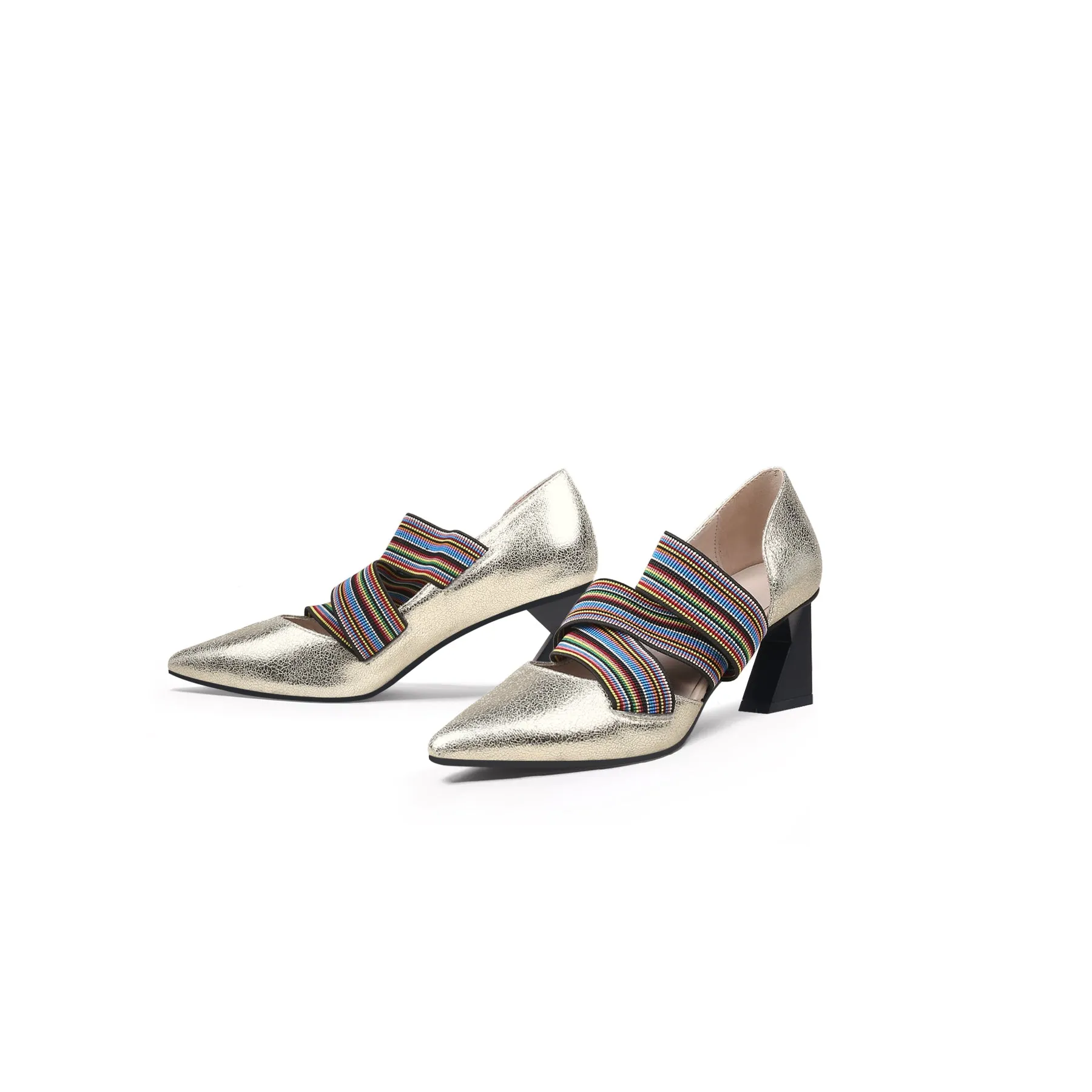 Striped Ribbon-Trim Pointed Toe Pumps