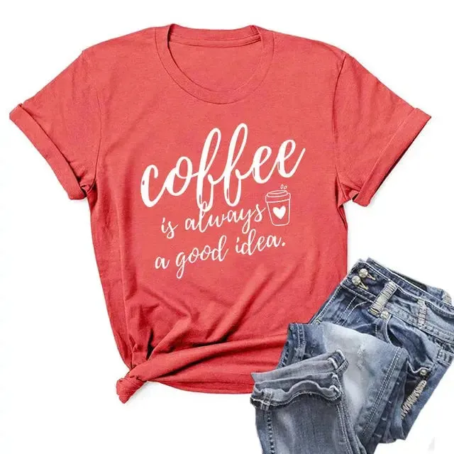 Summer Women T-Shirt Plus Size 100% Cotton Funny Coffee Letters Print Short Sleeve