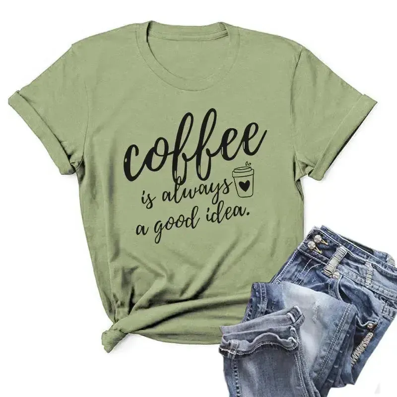 Summer Women T-Shirt Plus Size 100% Cotton Funny Coffee Letters Print Short Sleeve
