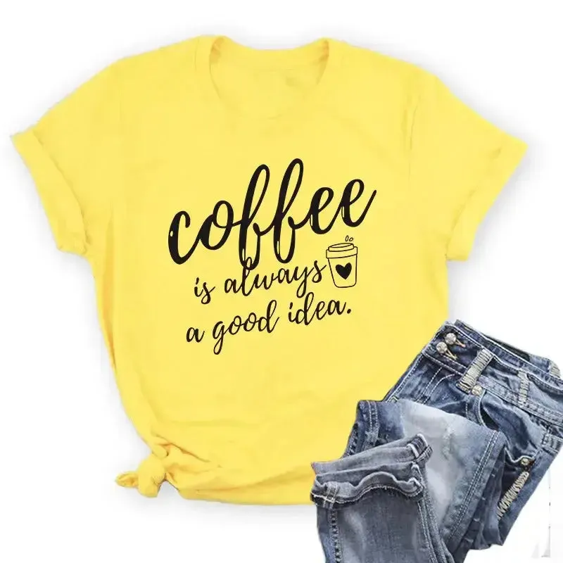 Summer Women T-Shirt Plus Size 100% Cotton Funny Coffee Letters Print Short Sleeve