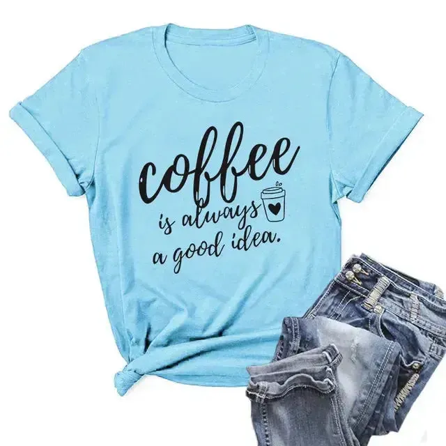 Summer Women T-Shirt Plus Size 100% Cotton Funny Coffee Letters Print Short Sleeve