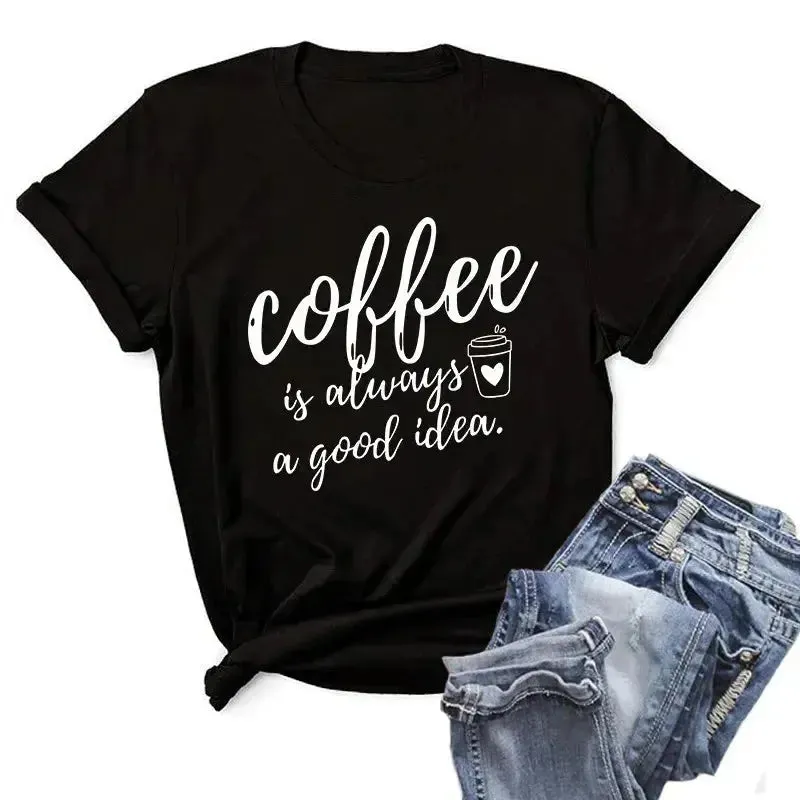 Summer Women T-Shirt Plus Size 100% Cotton Funny Coffee Letters Print Short Sleeve