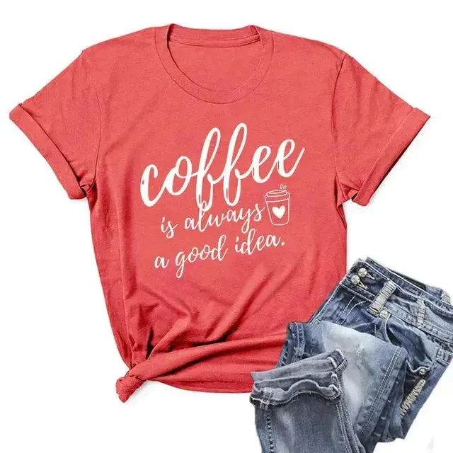 Summer Women T-Shirt Plus Size 100% Cotton Funny Coffee Letters Print Short Sleeve