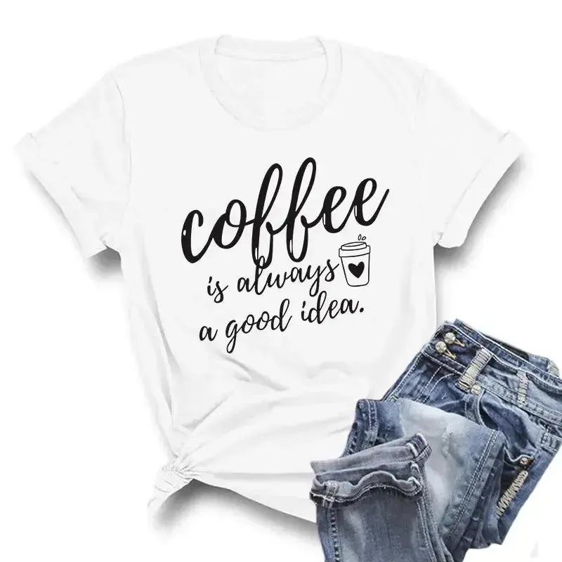 Summer Women T-Shirt Plus Size 100% Cotton Funny Coffee Letters Print Short Sleeve