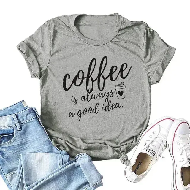 Summer Women T-Shirt Plus Size 100% Cotton Funny Coffee Letters Print Short Sleeve