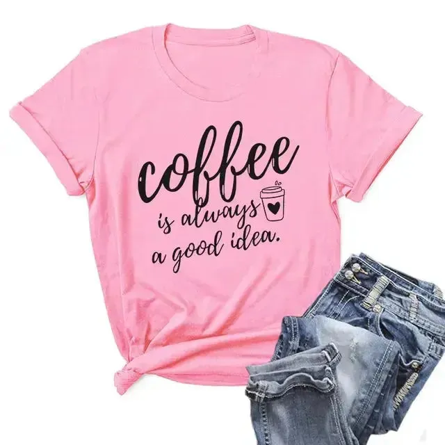 Summer Women T-Shirt Plus Size 100% Cotton Funny Coffee Letters Print Short Sleeve
