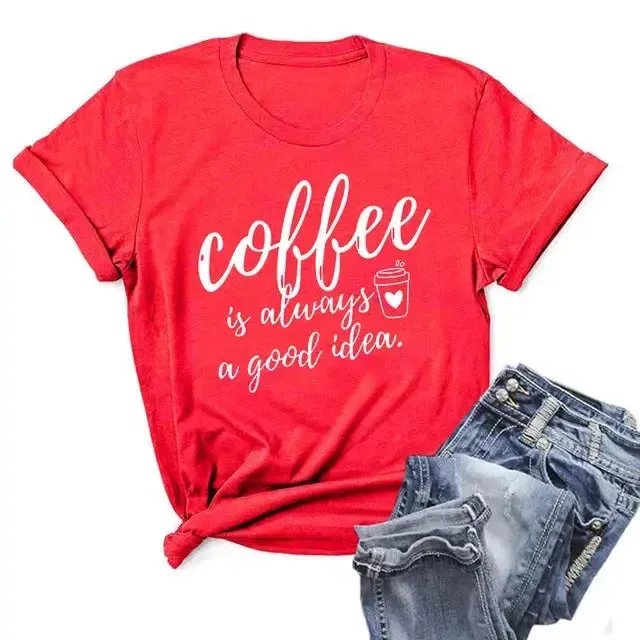 Summer Women T-Shirt Plus Size 100% Cotton Funny Coffee Letters Print Short Sleeve