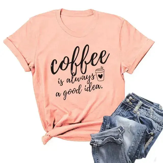 Summer Women T-Shirt Plus Size 100% Cotton Funny Coffee Letters Print Short Sleeve