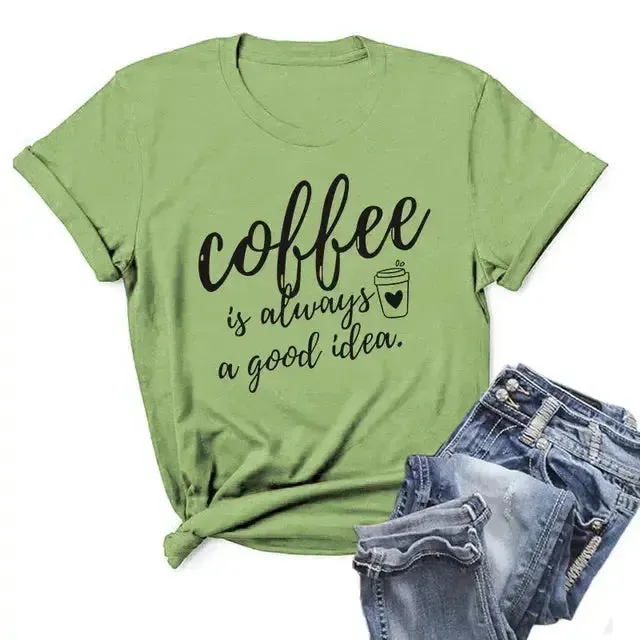 Summer Women T-Shirt Plus Size 100% Cotton Funny Coffee Letters Print Short Sleeve