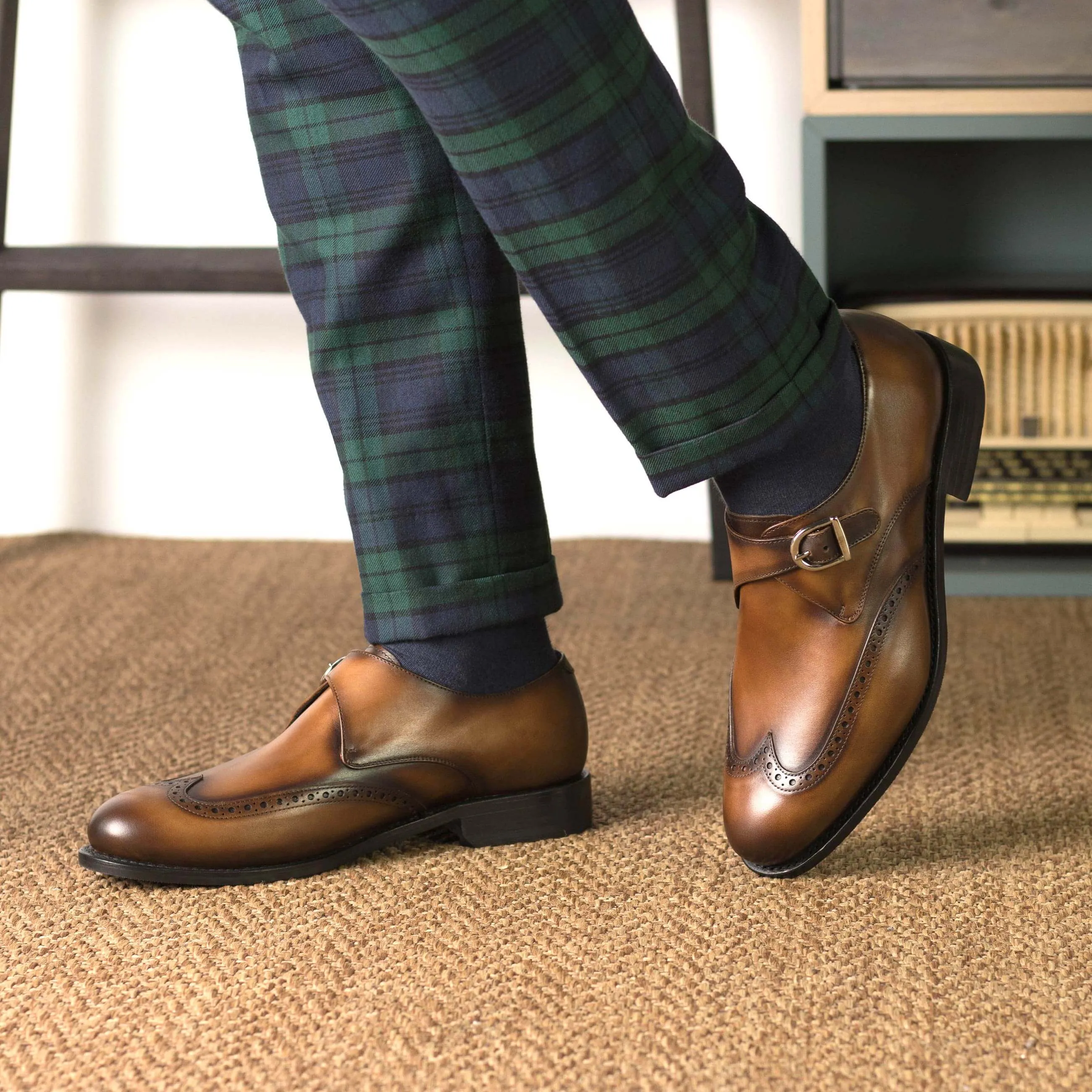 The Alcott – Wingtip Brown Single Monk in Cognac Patina.