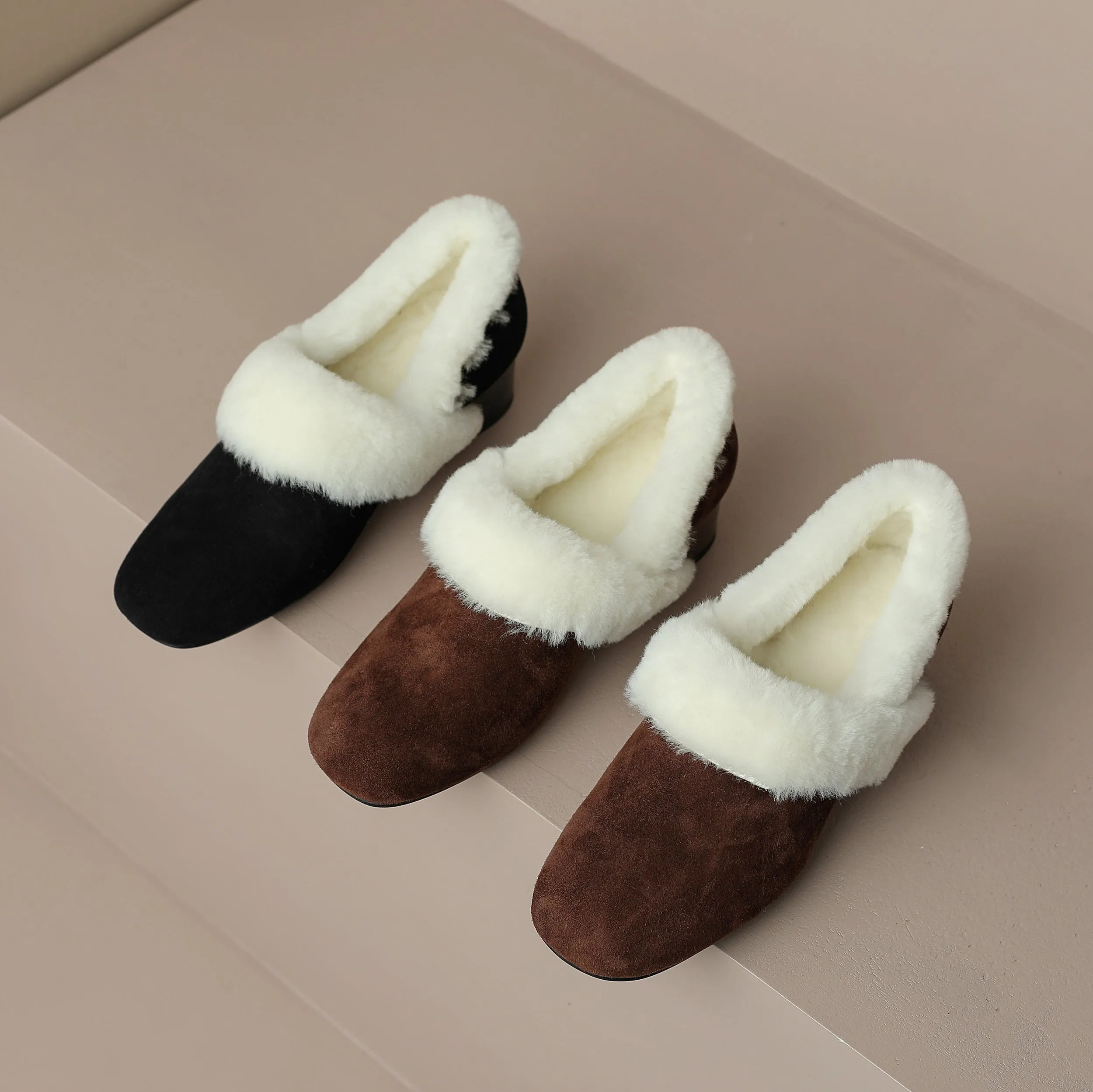 TinaCus Handmade Women's Suede Leather Furry Pull On Square Toe Low Chunky Heel Casual Loafers Shoes