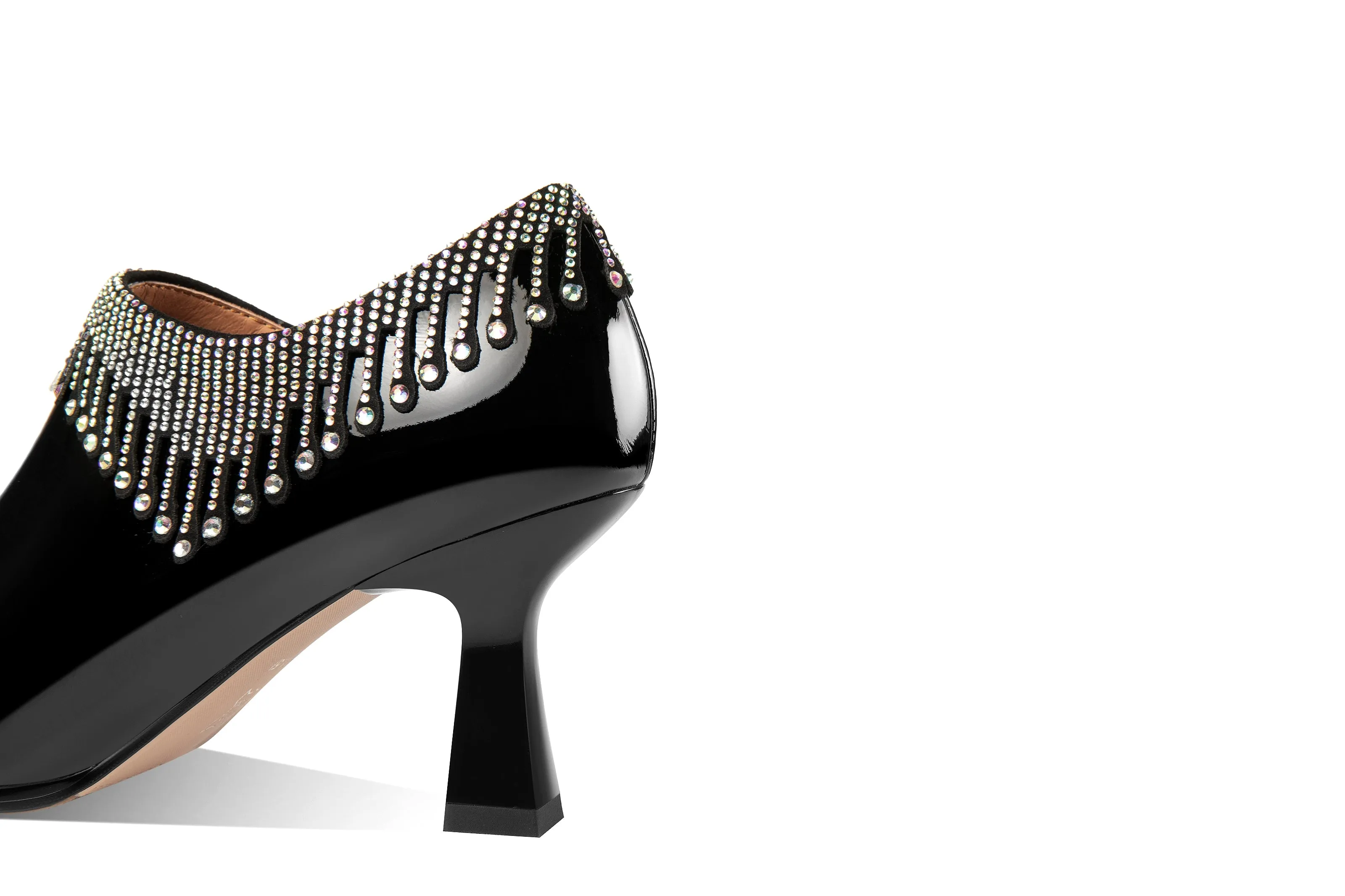 TinaCus Pointed Toe Women's Patent Leather Glitter Tassel Handmade Spool Heel Side Zip Pumps
