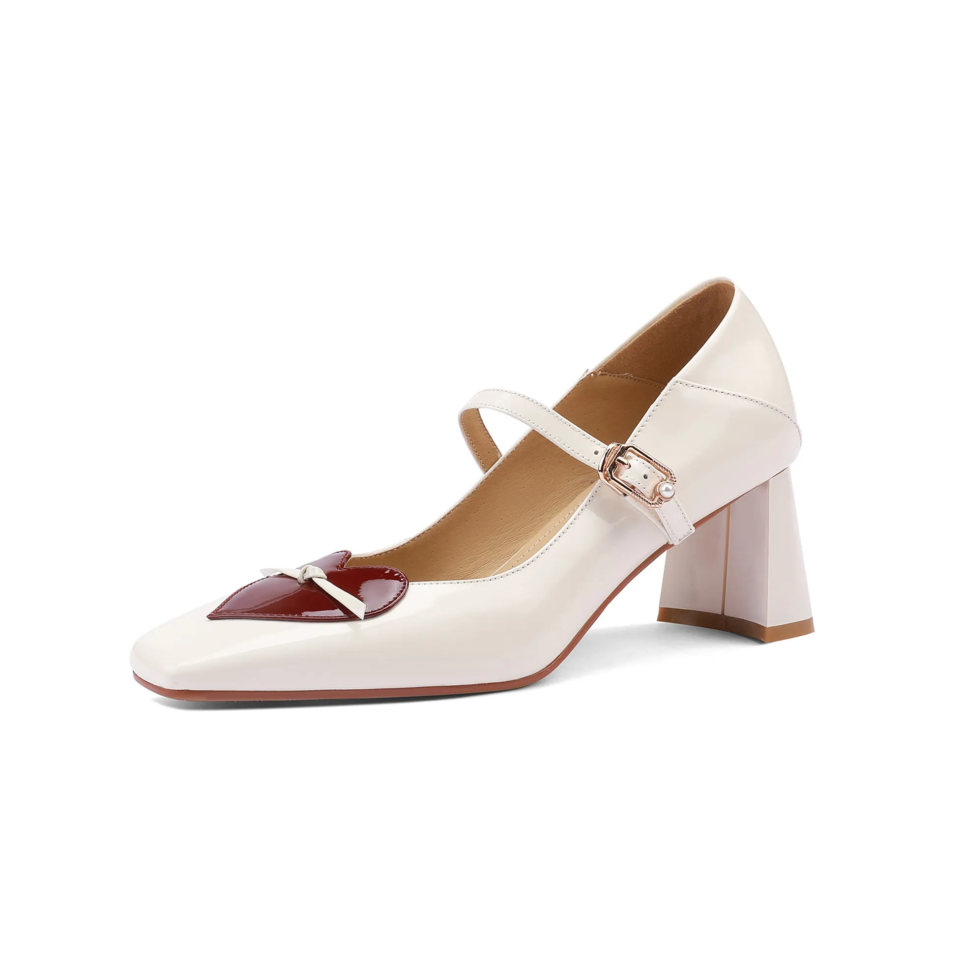 TinaCus Women's Patent Leather Handmade Classic Square Toe Chunky Heel Buckle Closure Classic Mary Jane Pumps with Heart Design