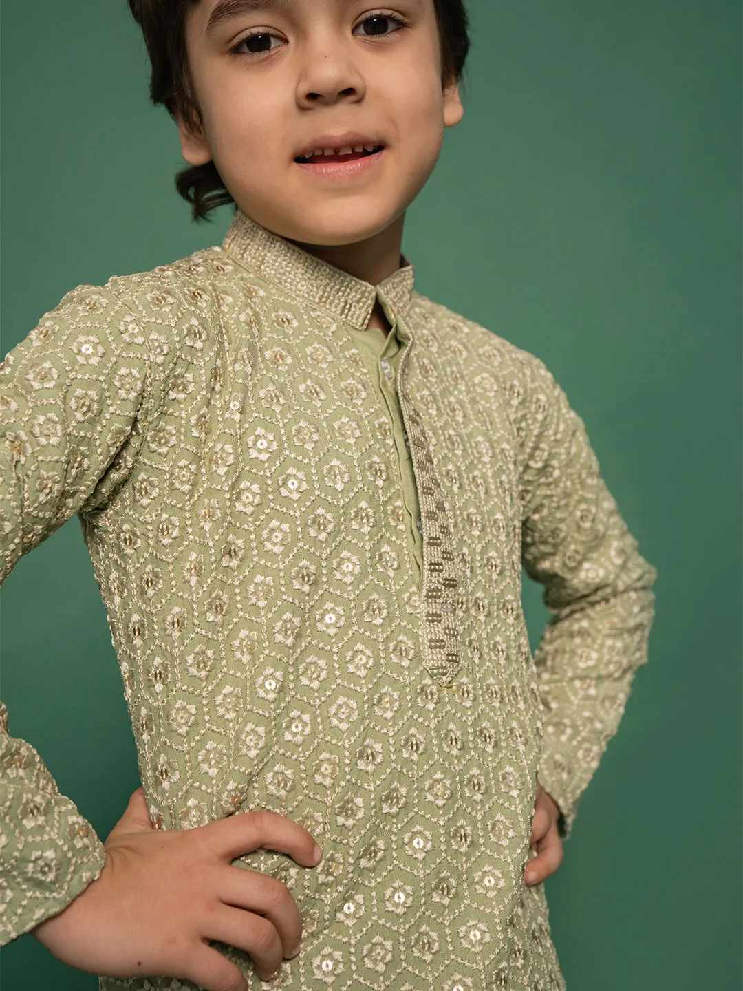 VASTRAMAY Boys' Pista Green Kurta And Pyjama Set