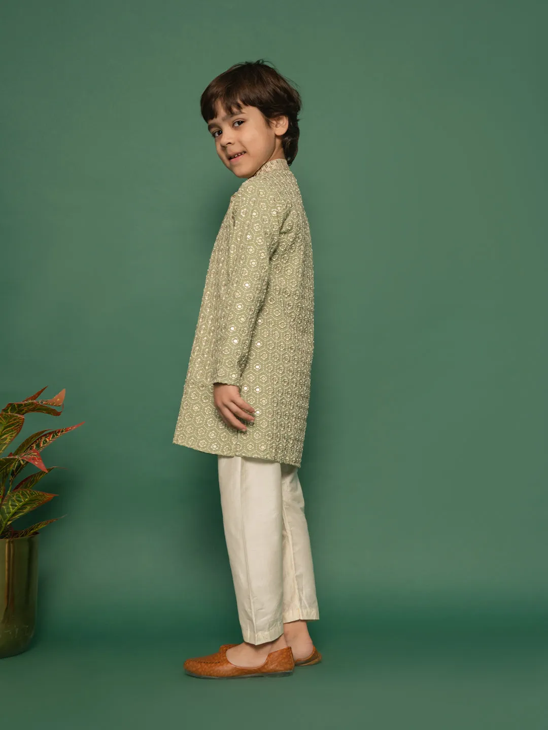 VASTRAMAY Boys' Pista Green Kurta And Pyjama Set