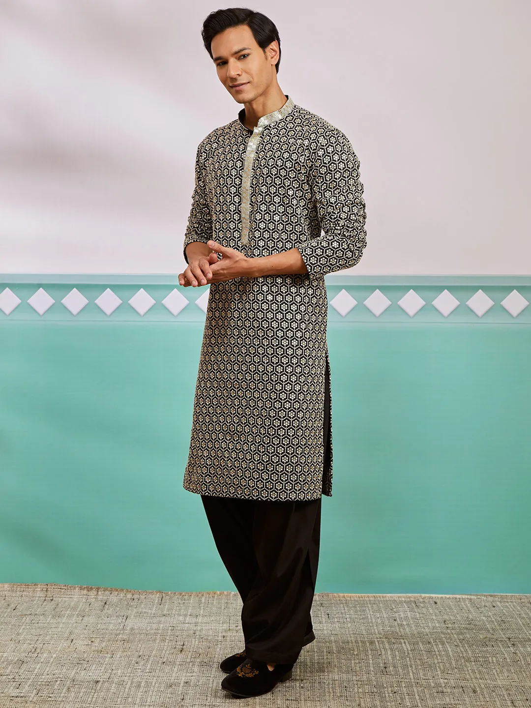 VASTRAMAY Men's Black Rayon Kurta And Patiala Set