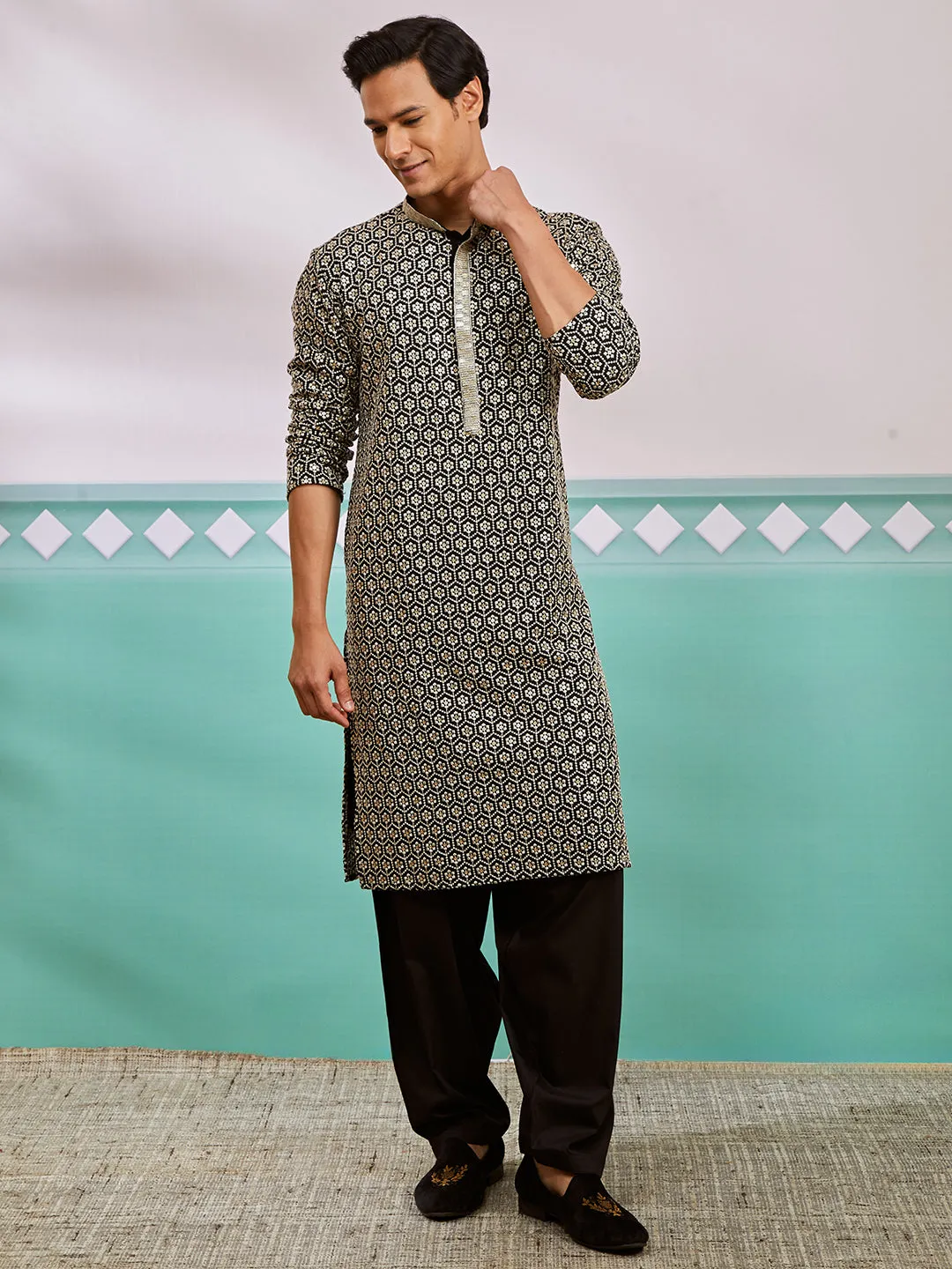 VASTRAMAY Men's Black Rayon Kurta And Patiala Set