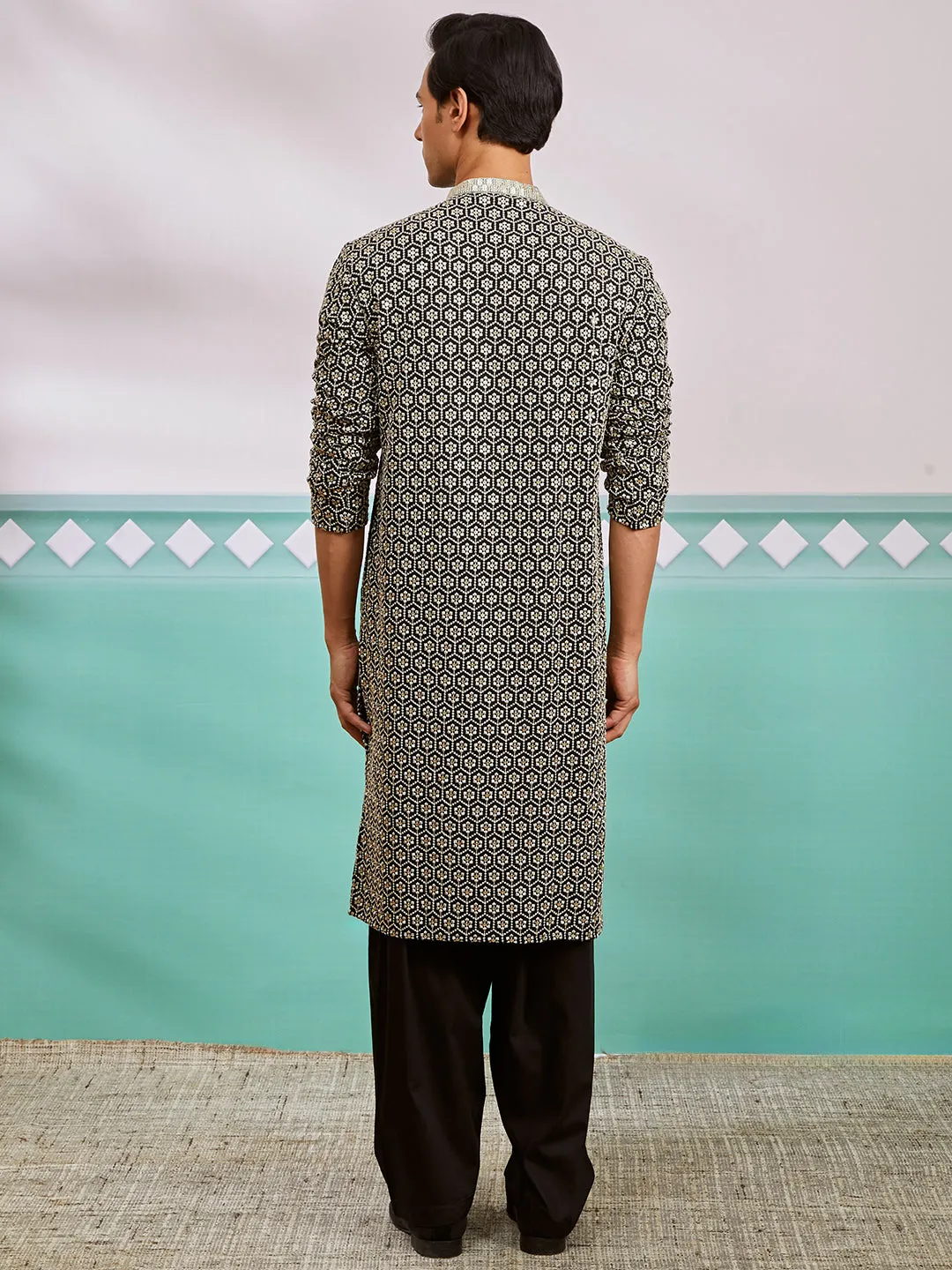 VASTRAMAY Men's Black Rayon Kurta And Patiala Set