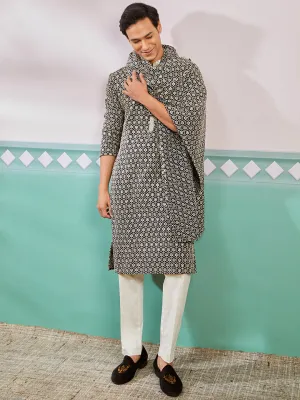 VASTRAMAY Men's Black Rayon Kurta, Pyjama And Dupatta Set.
