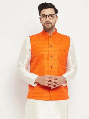 VASTRAMAY Men's Orange Silk Blend Nehru Jacket