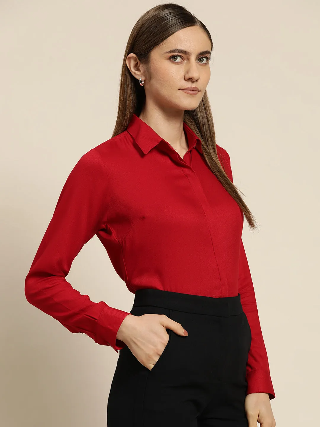 Women Red Solid Viscose Rayon Regular Fit Formal Shirt