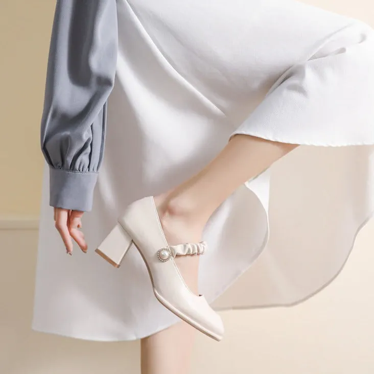 Womens Elegant Pearl Square Toe Mary Jane Shoes Pumps