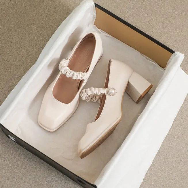 Womens Elegant Pearl Square Toe Mary Jane Shoes Pumps