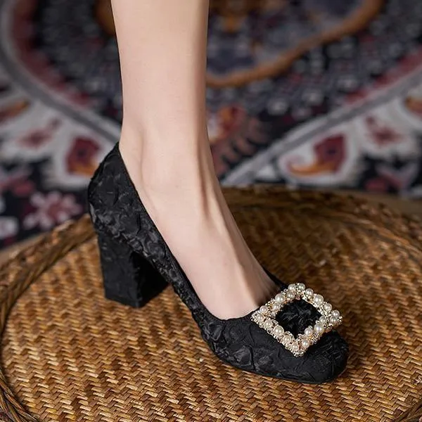 Women's Elegant Wedding Shoes Pearl Square Buckle Pumps 03703343S