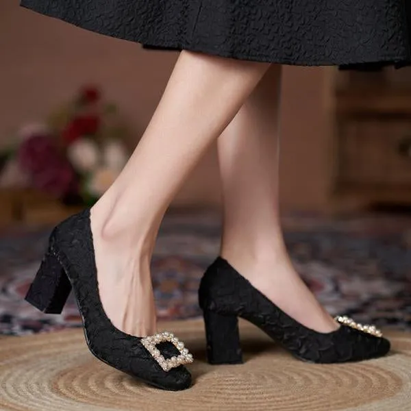 Women's Elegant Wedding Shoes Pearl Square Buckle Pumps 03703343S