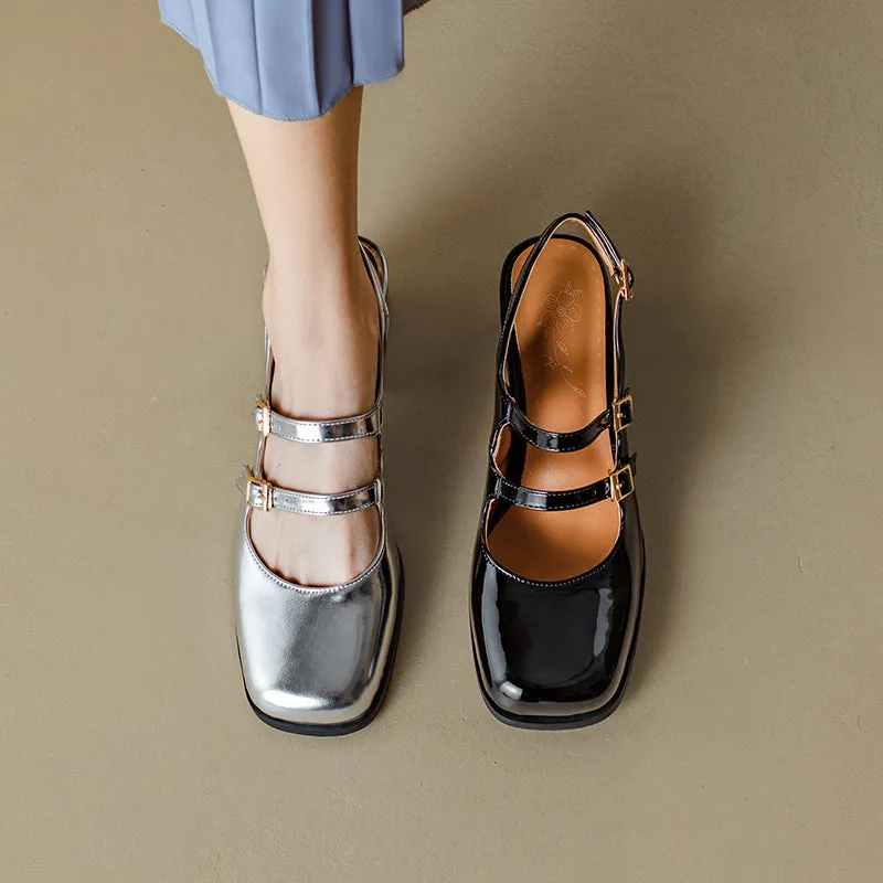 Womens Square Toe Block Heels Slingback Shoes